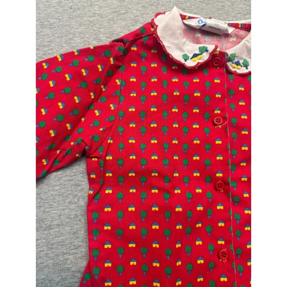 Vintage 80s OshKosh B’Gosh Girls Size 5 Red House Tree Print Blouse USA